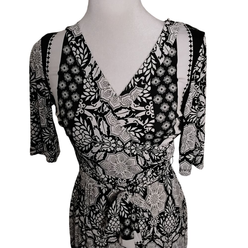 Women's Black White Floral Tie Wrap Stretch Maxi Dress L - Picture 4 of 6
